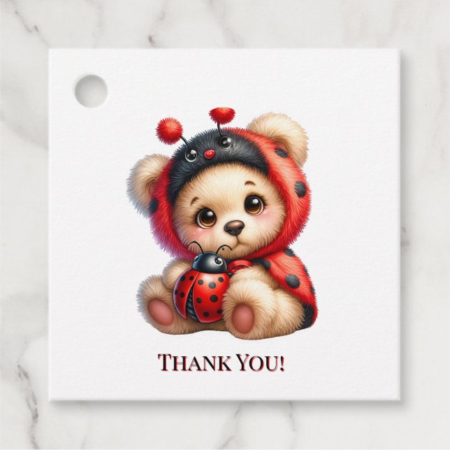 Teddy Bear Ladybug Stripes Girl Babydusche Danke Geschenkanhänger (Vorderseite)