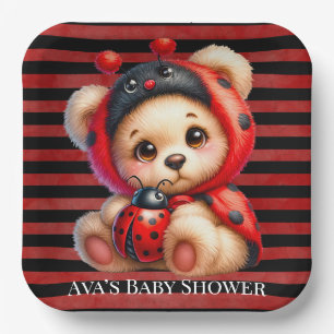 Teddy Bear Ladybug Stripes Girl Babydusche Pappteller