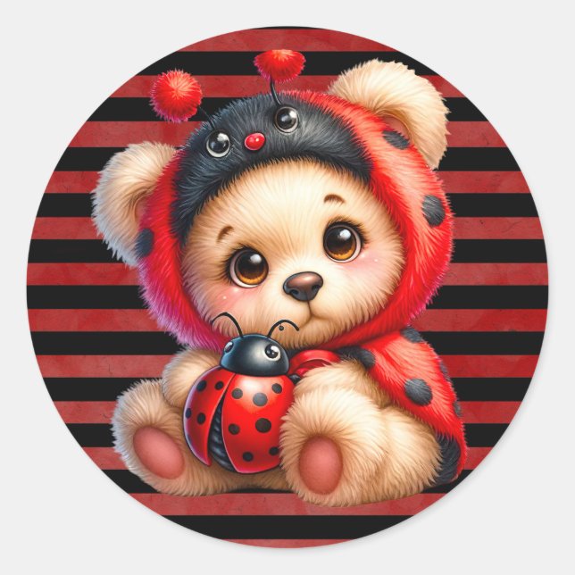 Teddy Bear Ladybug Stripes Girl Babydusche Runder Aufkleber (Vorderseite)