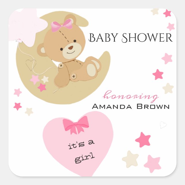 Teddy Bear Liebe Baby Girl Dusche Quadratischer Aufkleber (Vorderseite)