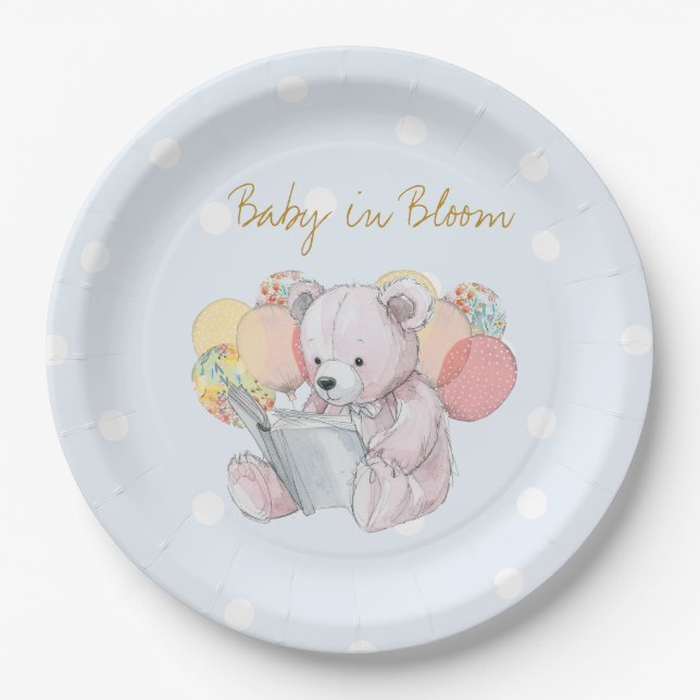 Teddy Bear liest ein Buch Baby in Bloom Pappteller (Vorderseite)