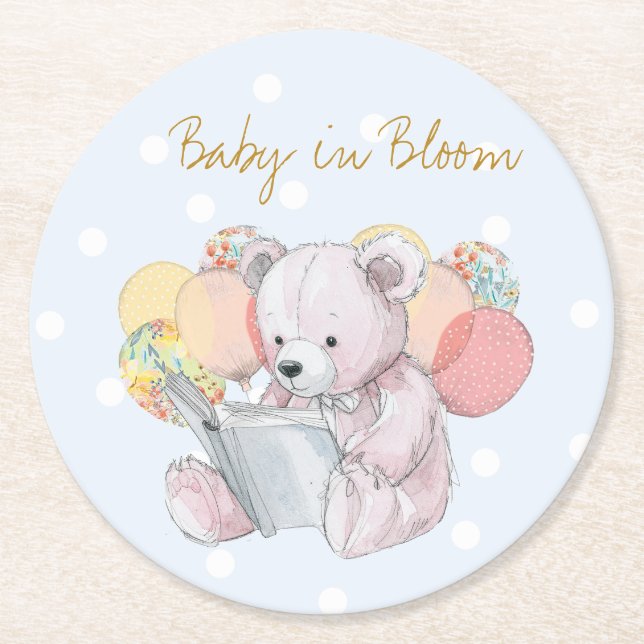 Teddy Bear liest ein Buch Baby in Bloom Runder Pappuntersetzer (Vorderseite)