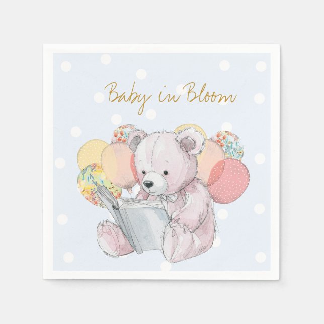 Teddy Bear liest ein Buch Baby in Bloom Serviette (Vorderseite)