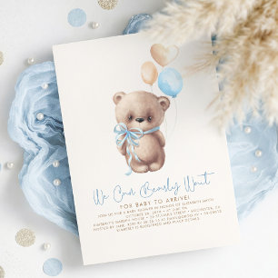 Teddy Bear Light Brown and Blue Boy Baby Showroom Einladung