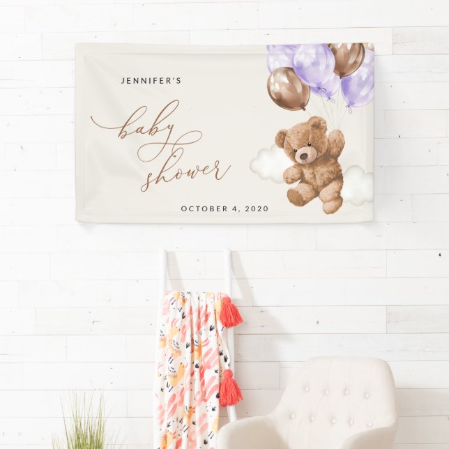 Teddy Bear, Lila Balloons, Babydusche Willkommen Banner (Insitu)