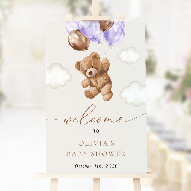 Teddy Bear, Lila Balloons, Babydusche Willkommen Poster (Von Creator hochgeladen)