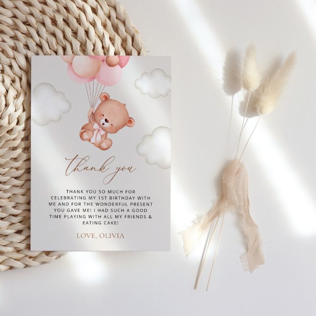 Teddy Bear, Lila Balloons, erster Geburtstag Dankeskarte (Von Creator hochgeladen)