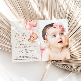 Teddy Bear, Lila Balloons, erster Geburtstag Einladung