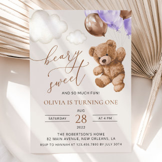 Teddy Bear, Lila Balloons, erster Geburtstag Einladung