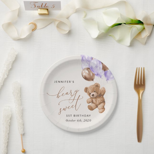 Teddy Bear, Lila Balloons, erster Geburtstag Pappteller (Hochzeit)