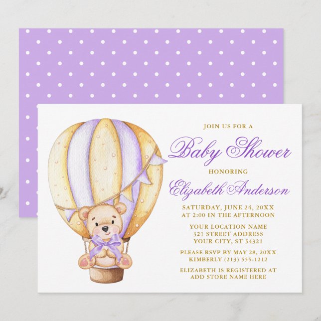 Teddy Bear Lila Bow Air Ballon Dots Baby Dusche Einladung (Vorne/Hinten)