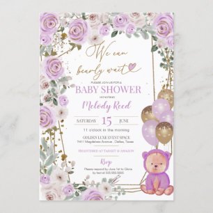 Teddy Bear Lila Floral Balloons Girl Baby Dusche Einladung