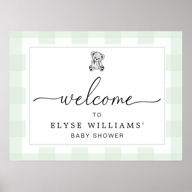 Teddy Bear Mint Green Gingham Welcome Sign Poster (Vorne)
