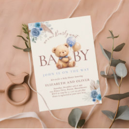 Teddy Bear mit Balloon Boho Blue Rose Babydusche Einladung