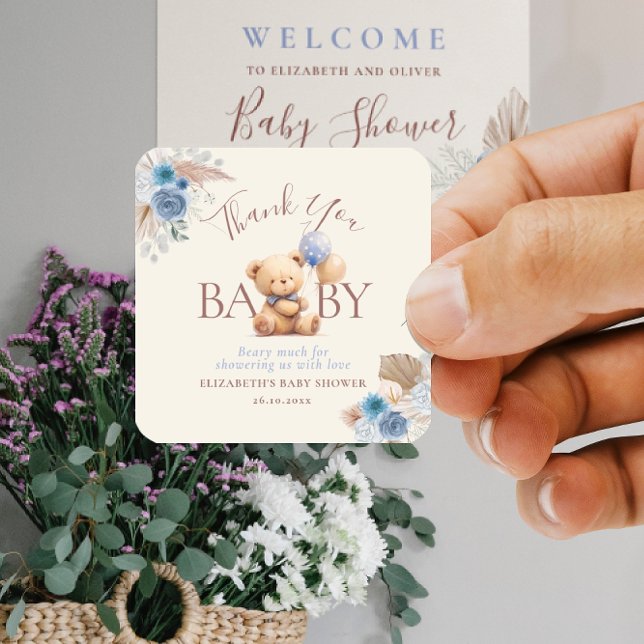 Teddy Bear mit Balloon Boho Blue Rose Babydusche Quadratischer Aufkleber (Von Creator hochgeladen)