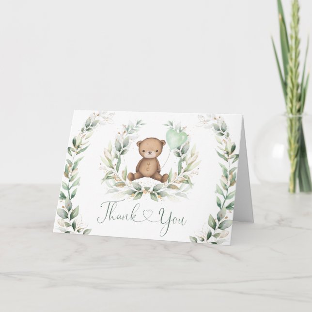 Teddy Bear mit Balloon Greenery Eucalyptus Wreath Karte (Vorderseite)