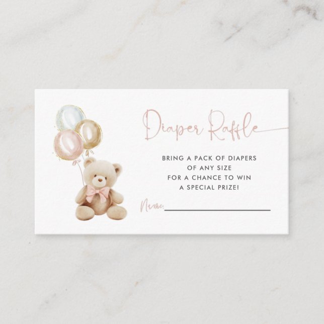 Teddy Bear mit Balloons Girl Diaper Raffekarte Begleitkarte (Vorderseite)