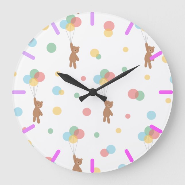 Teddy Bear mit Balloons Große Wanduhr (Vorderseite)