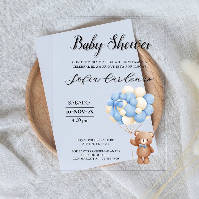 Teddy Bear mit Balloons Spanische Babydusche Weiß Acryleinladungen (Teddy Bear With Balloons Spanish Baby Shower White Acrylic Invitations)