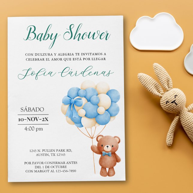 Teddy Bear mit Balloons Spanische Babydusche Weiß Einladung (Teddy Bear With Balloons Spanish Baby Shower White Invitation)