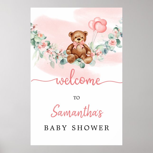 Teddy Bear mit Baloons Greenery Girl Begrüßungszei Poster (Vorne)