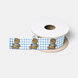 Teddy Bear mit Bib auf Blue Gingham Satinband