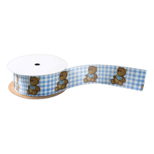 Teddy Bear mit Bib auf Blue Gingham Satinband