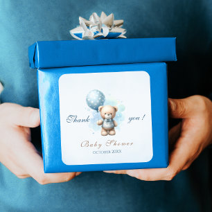 Teddy Bear mit Blue Balloon Baby Boy Dusche Quadratischer Aufkleber