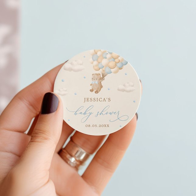 Teddy Bear mit Blue Balloons Baby Dusche Runder Aufkleber (Von Creator hochgeladen)