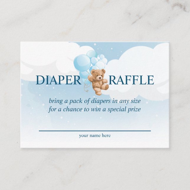 Teddy Bear mit Blue Balloons Diaper Raffekarte Begleitkarte (Vorderseite)