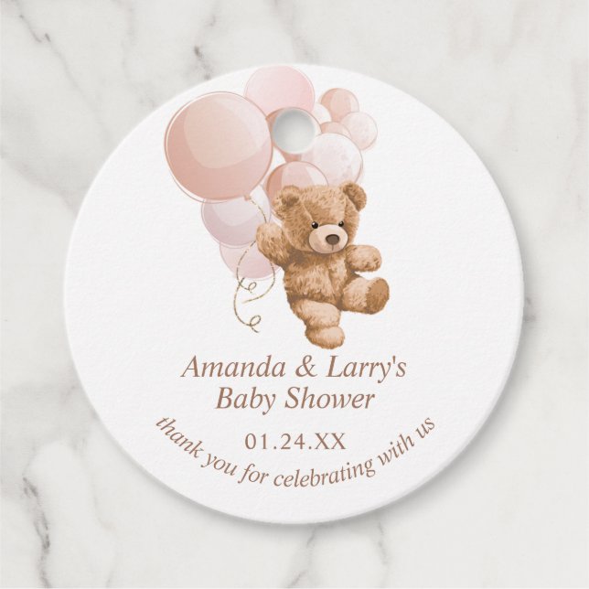 Teddy Bear mit Blush Pink Balloons Geschenkanhänger (Vorderseite)