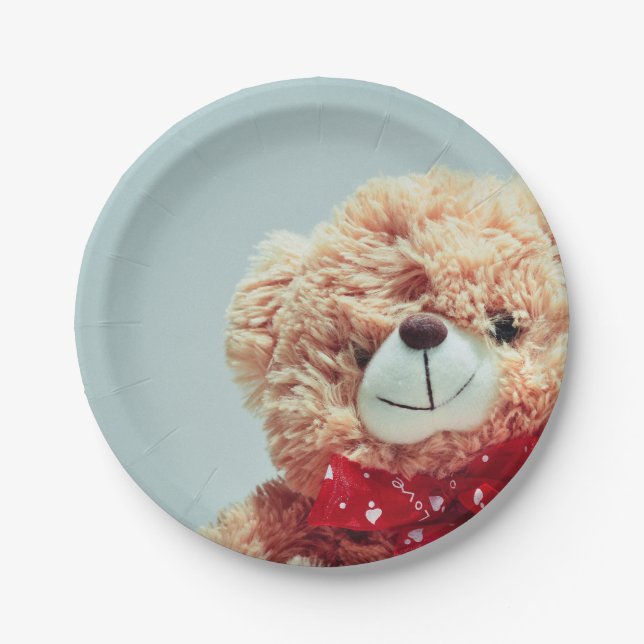 Teddy Bear mit einem Roten Bow Pappteller (Vorderseite)