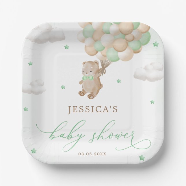 Teddy Bear mit Green Balloons Babydusche Pappteller (Vorderseite)