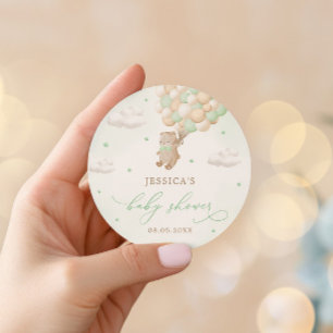 Teddy Bear mit Green Balloons Babydusche Runder Aufkleber