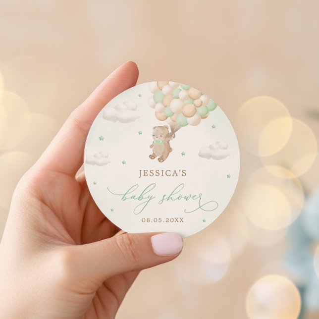 Teddy Bear mit Green Balloons Babydusche Runder Aufkleber (Von Creator hochgeladen)