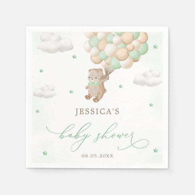 Teddy Bear mit Green Balloons Babydusche Serviette (Vorderseite)