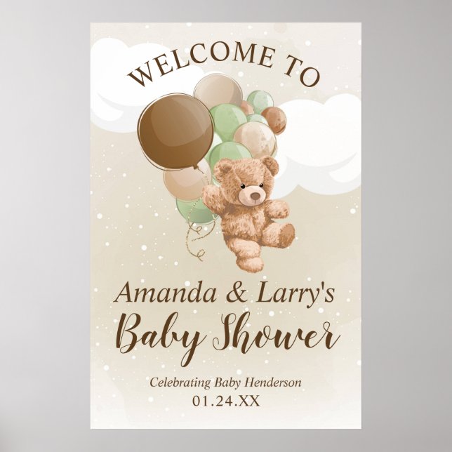 Teddy Bear mit grünen und braunen Balloons Willkom Poster (Vorne)
