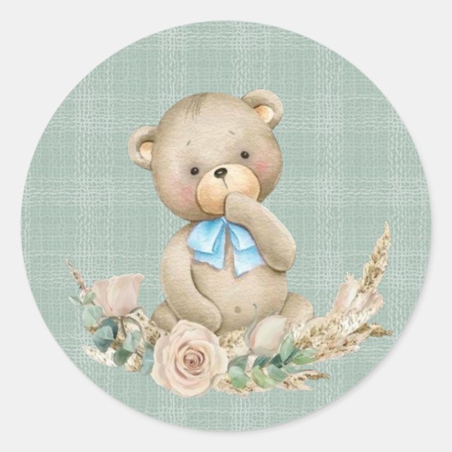 Teddy Bear mit grüner Pink Rose Boy Baby Dusche Runder Aufkleber (Vorderseite)