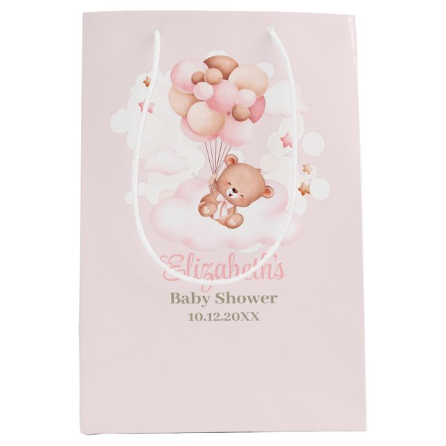 Teddy Bear mit Pink Balloons Babydusche Mittlere Geschenktüte (Vorderseite)