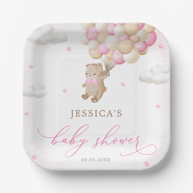 Teddy Bear mit Pink Balloons Babydusche Pappteller (Vorderseite)