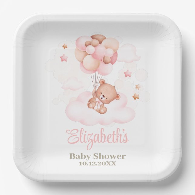 Teddy Bear mit Pink Balloons Babydusche Pappteller (Vorderseite)