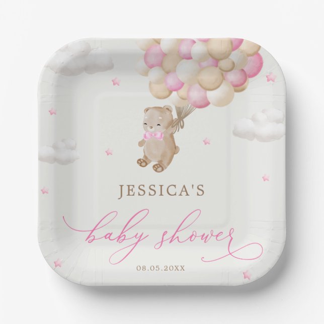 Teddy Bear mit Pink Balloons Babydusche Pappteller (Vorderseite)