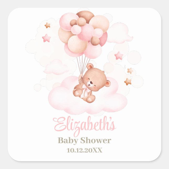 Teddy Bear mit Pink Balloons Babydusche Quadratischer Aufkleber (Vorderseite)