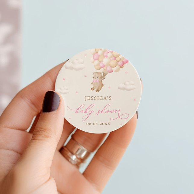 Teddy Bear mit Pink Balloons Babydusche Runder Aufkleber (Von Creator hochgeladen)