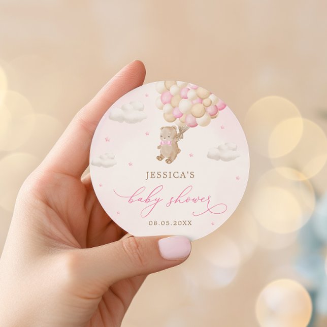 Teddy Bear mit Pink Balloons Babydusche Runder Aufkleber (Von Creator hochgeladen)