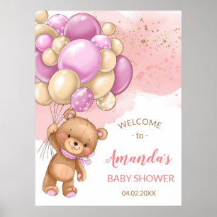 Teddy Bear mit rosa Balloons Begrüßungszeichen Poster