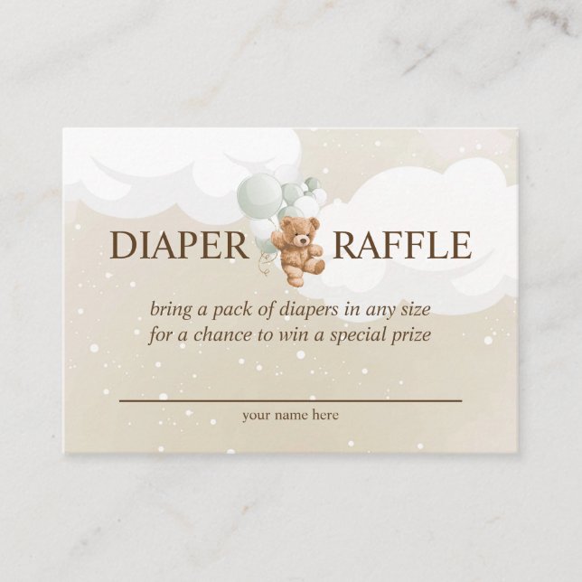 Teddy Bear mit Sage Balloons Diaper Raffekarte Begleitkarte (Vorderseite)