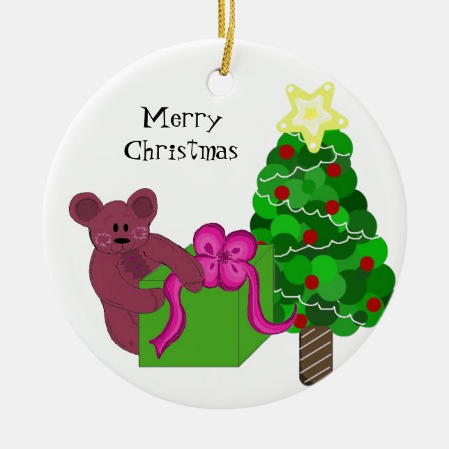Teddy Bear mit Weihnachtsbaum Keramik Ornament (Vorne)