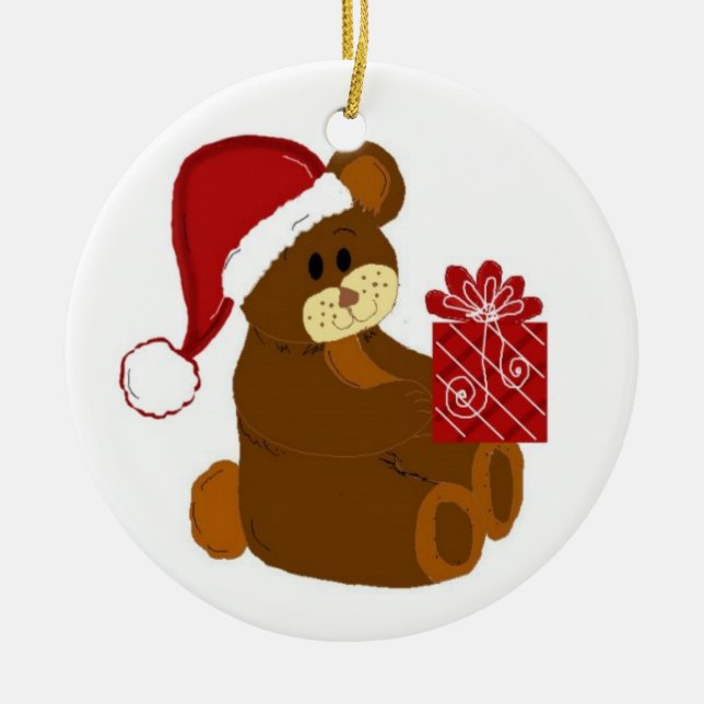 Teddy Bear mit Weihnachtsmannmütze und Rot präsent Keramikornament (Vorne)