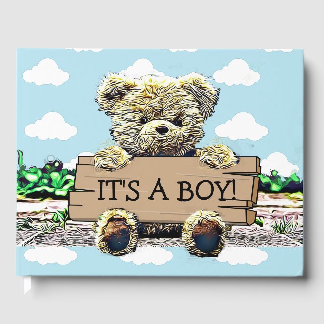 Teddy Bear mit Wood Sign Baby Dusche Gästebuch (Vorderseite)